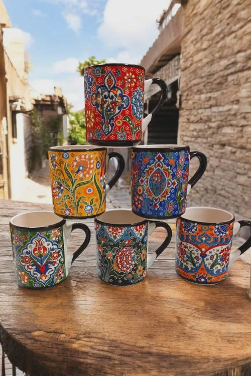 Set of 6 Handmade Ceramic Ethnic Mugs for Cultural Home Decor