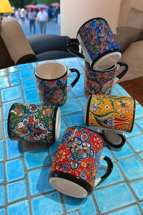 Set of 6 Handmade Ceramic Ethnic Mugs for Cultural Home Decor